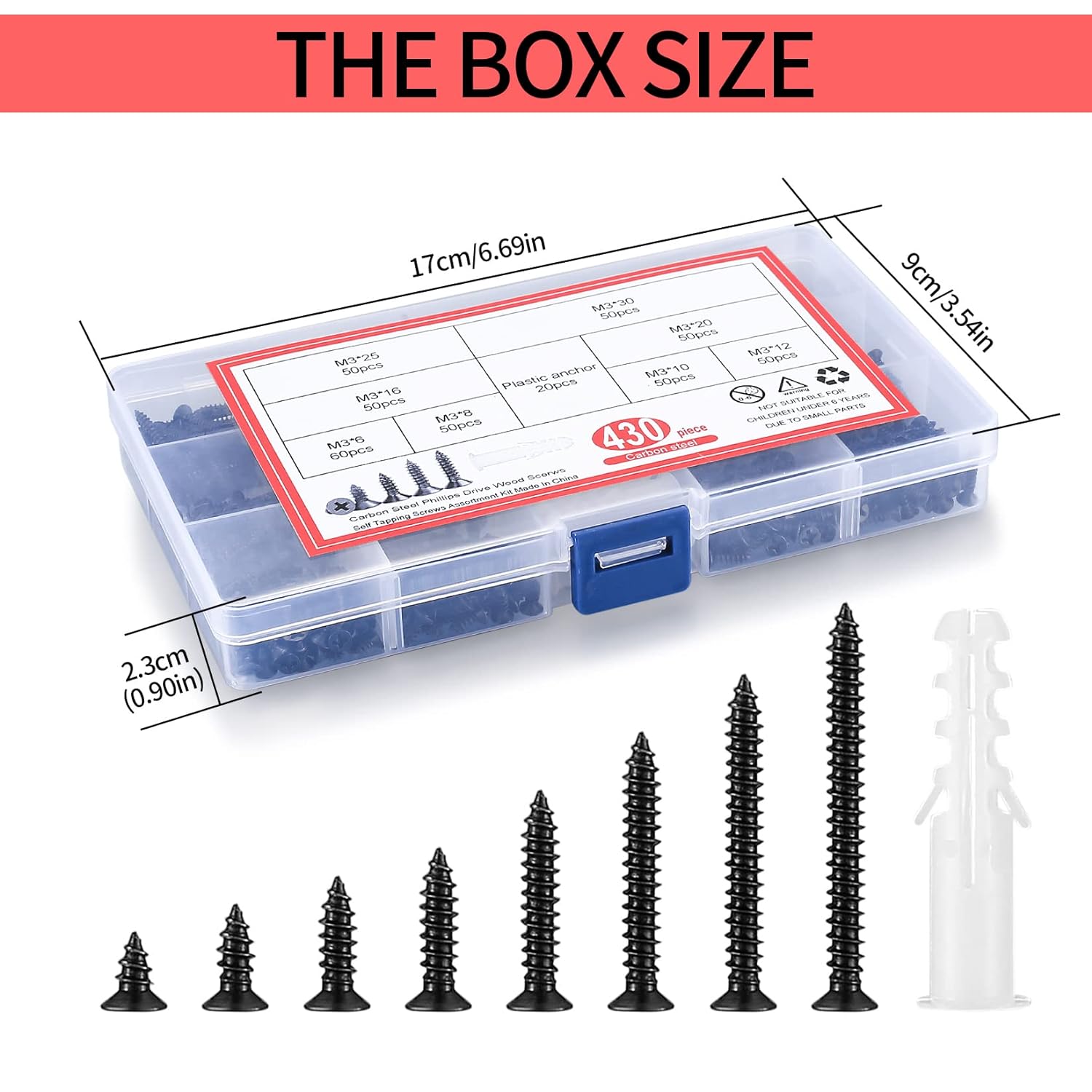 430 Pcs M3 Black Wood Screws Assortment Fasteners Kit, Cross Drive Head Countersunk Head Self-Tapping Screws, Assorted Flat Head Round Head Screws with 20 Pcs Plastic Wall Screw Anchors - Image 3